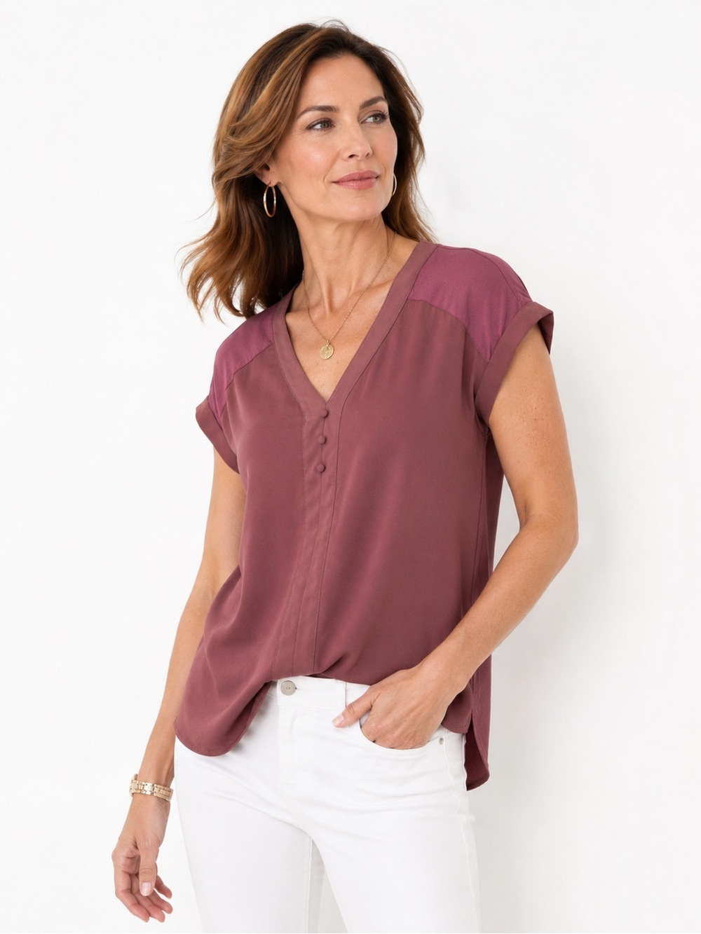 Fortune + Ivy Mixed Media Blouse Workwear Top Mauve V Neck Small